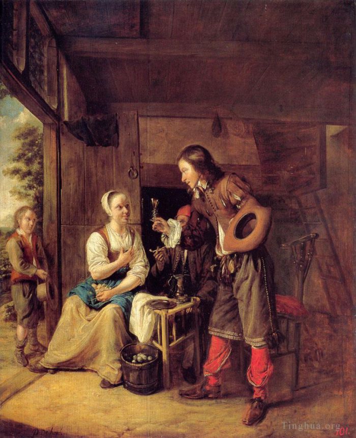 彼得·德·霍赫 的油画作品 -  《男人给女人递一杯酒》