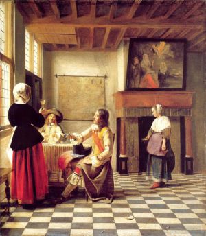 艺术家彼得·德·霍赫作品《一个女人与两个男人和一个女服务员喝酒》