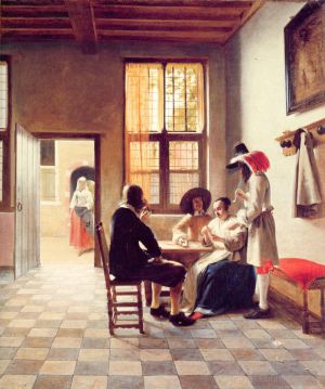艺术家彼得·德·霍赫作品《阳光明媚的房间里打牌的人》