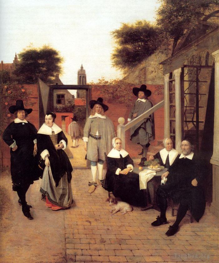 彼得·德·霍赫 的油画作品 -  《代尔夫特庭院里一家人的肖像》