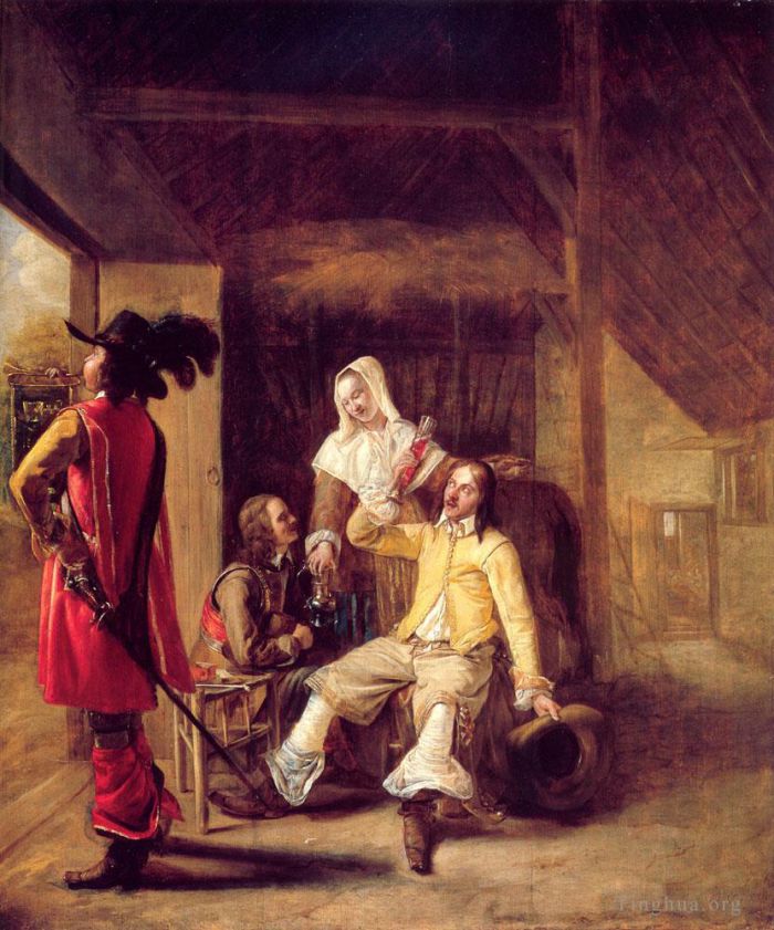 彼得·德·霍赫 的油画作品 -  《两名士兵和一名拿着号手的女仆》