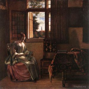艺术家彼得·德·霍赫作品《读信的女人》
