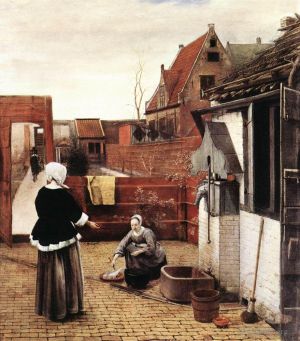 艺术家彼得·德·霍赫作品《院子里的女人和女仆》