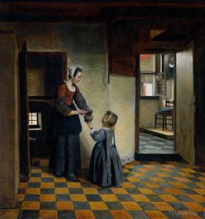 艺术家彼得·德·霍赫作品《食品储藏室里带着孩子的女人》