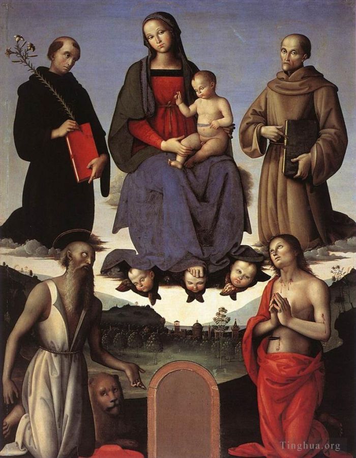 彼得·佩鲁吉诺 的油画作品 -  《麦当娜和圣子与四圣徒特兹祭坛画,1500》