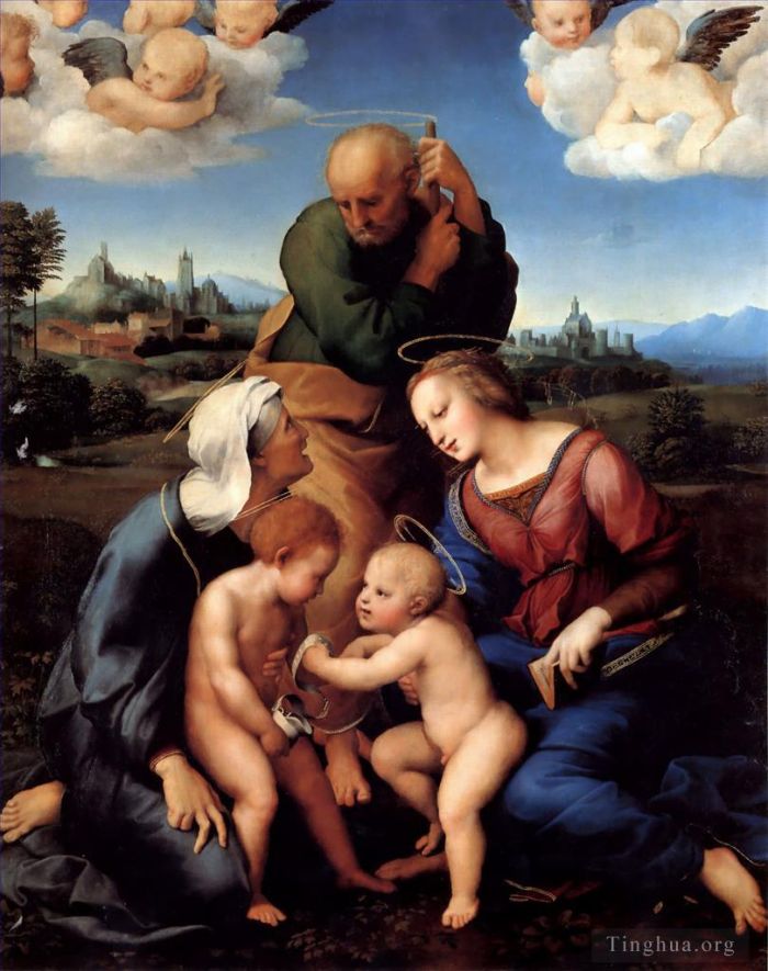 拉斐尔 的油画作品 -  《神圣家族与圣伊丽莎白和约翰》