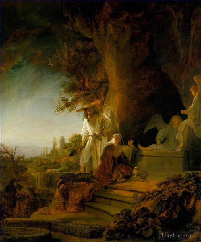 伦勃朗·范·莱因 的油画作品 -  《基督和抹大拉的玛利亚在坟墓里》