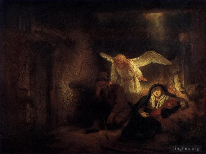 伦勃朗·范·莱因 的油画作品 -  《约瑟夫在伯利恒马厩里的梦》