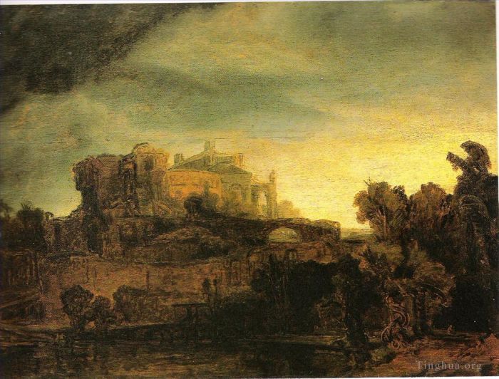 伦勃朗·范·莱因 的油画作品 -  《有城堡的风景》