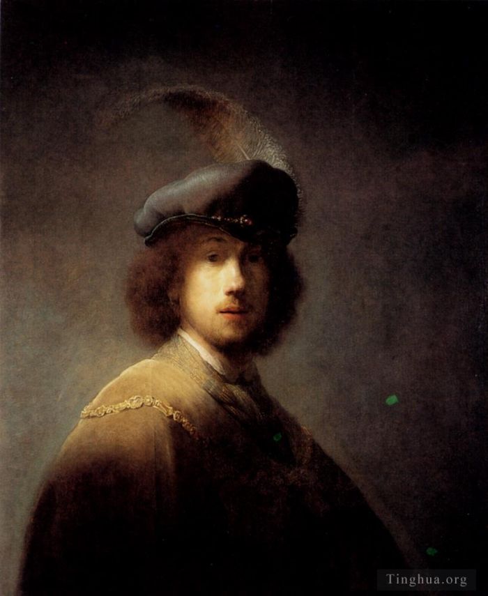 伦勃朗·范·莱因 的油画作品 -  《戴羽毛帽的自画像》