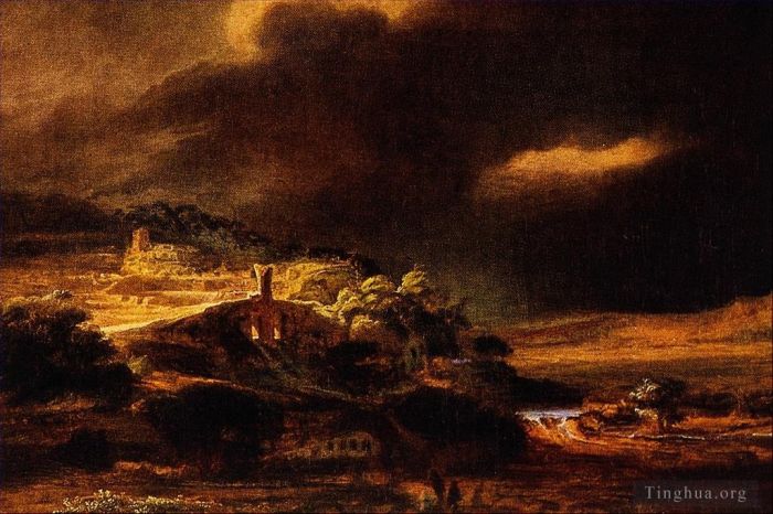 伦勃朗·范·莱因 的油画作品 -  《风雨如磐的风景》