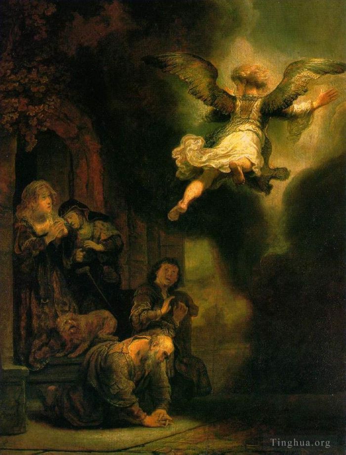 伦勃朗·范·莱因 的油画作品 -  《大天使离开托比亚斯家族》