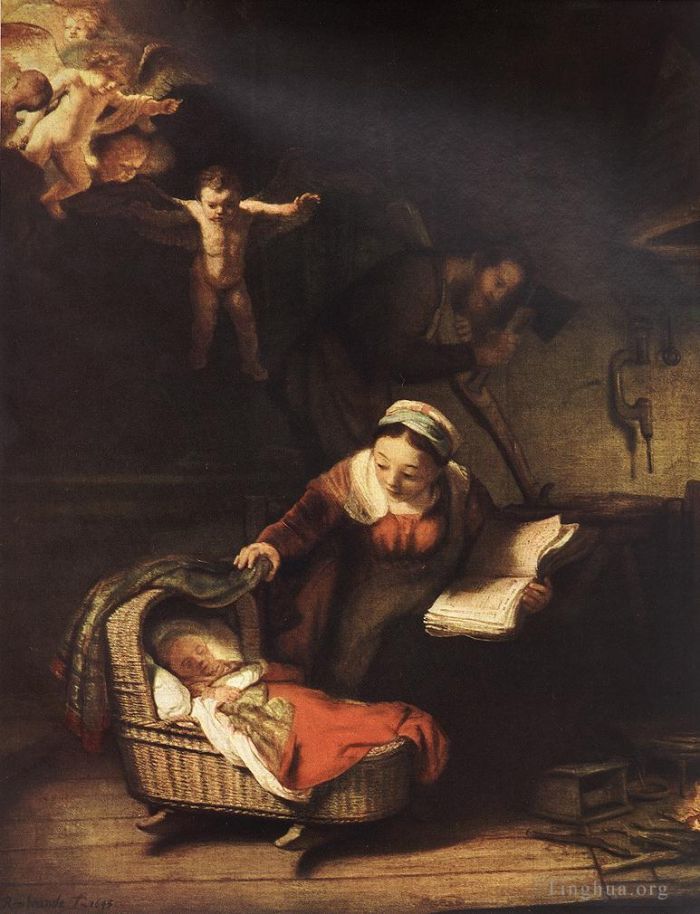 伦勃朗·范·莱因 的油画作品 -  《神圣家族与天使》