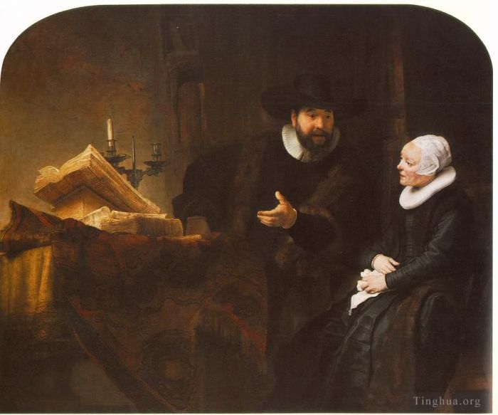 伦勃朗·范·莱因 的油画作品 -  《门诺派牧师,Cornelis,Claesz,Anslo,与妻子,Aaltje,的对话》