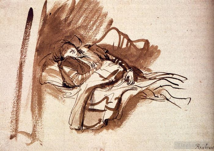 伦勃朗·范·莱因 的各类绘画作品 -  《萨基亚,睡在床上》