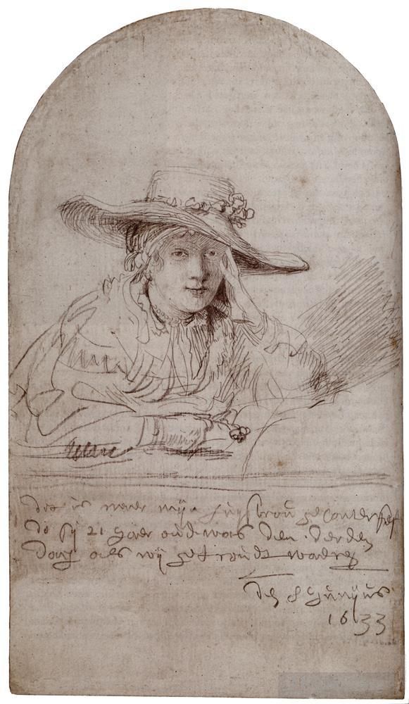伦勃朗·范·莱因 的各类绘画作品 -  《戴草帽的萨斯基亚》