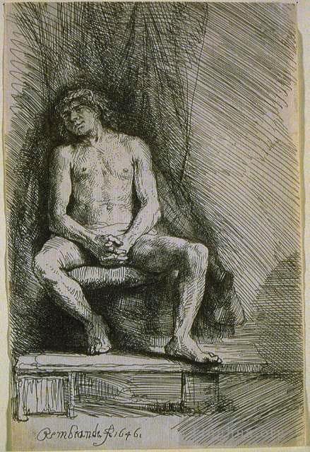 伦勃朗·范·莱因 的各类绘画作品 -  《《坐在窗帘前的裸体男子》的研究,SIL》