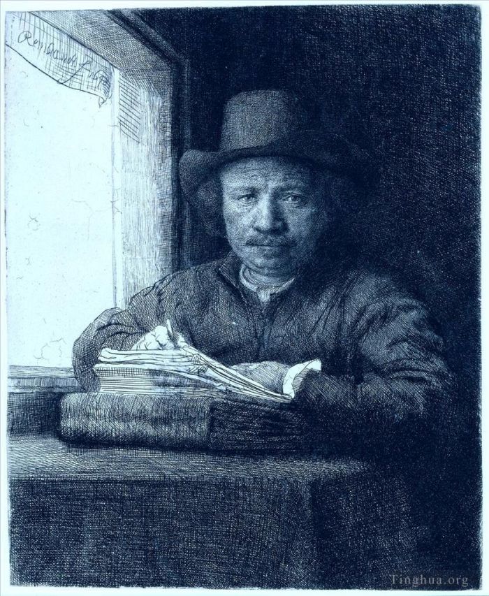 伦勃朗·范·莱因 的各类绘画作品 -  《在窗边画画》