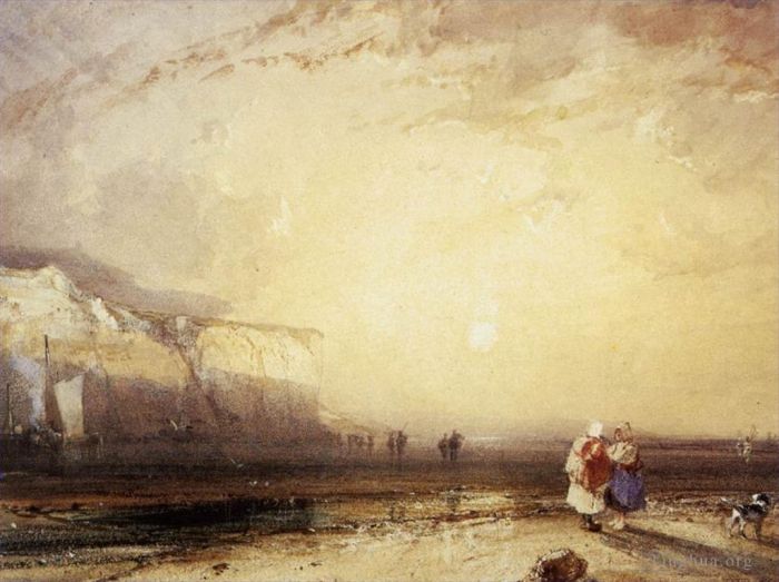 理查德·帕克斯·波宁顿 的各类绘画作品 -  《日落在,Pays,De,Caux,浪漫海景理查德·帕克斯·博宁顿》