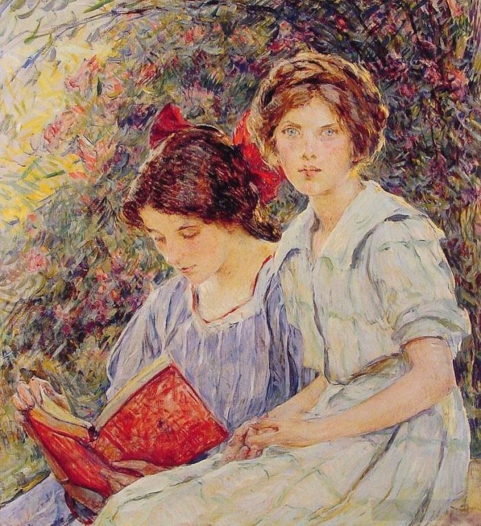 罗伯特·里德 的油画作品 -  《两个女孩读书》
