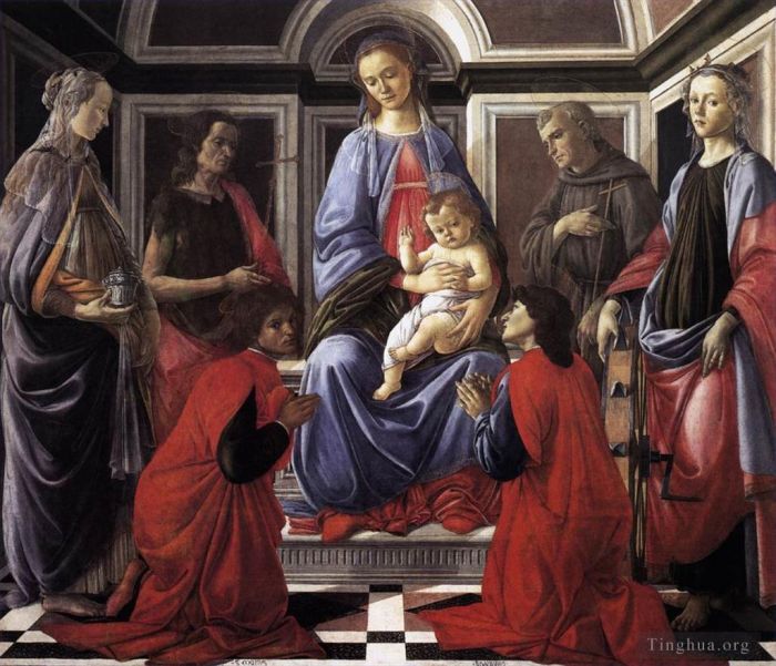 桑德罗·波提切利 的各类绘画作品 -  《麦当娜和孩子与六圣人》