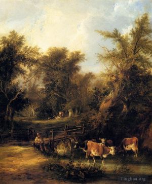 艺术家威廉·沙尔作品《溪边的牛》