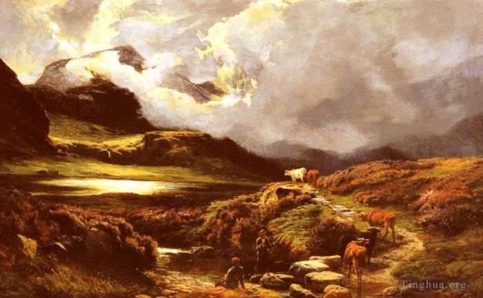 西德尼·理查德·珀西 的油画作品 -  《道路上的牛和牧民》