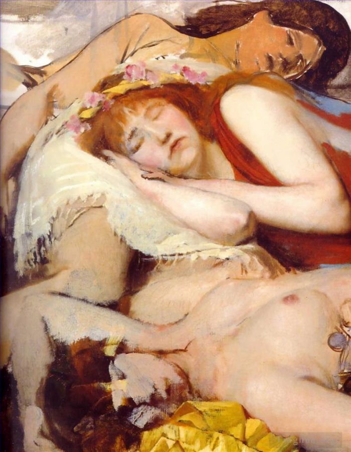 劳伦斯·阿尔玛·塔德玛 的油画作品 -  《舞会后精疲力尽的梅尼德斯》