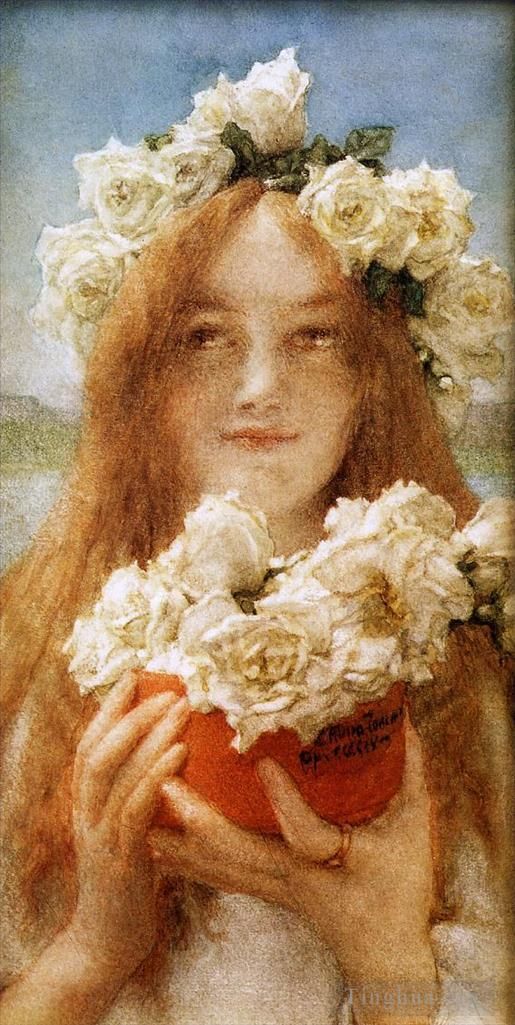劳伦斯·阿尔玛·塔德玛 的油画作品 -  《夏季提供年轻女孩与玫瑰》