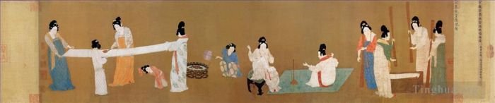 宋徽宗赵佶 的书法国画作品 -  《宫女们正在准备新织的丝绸》