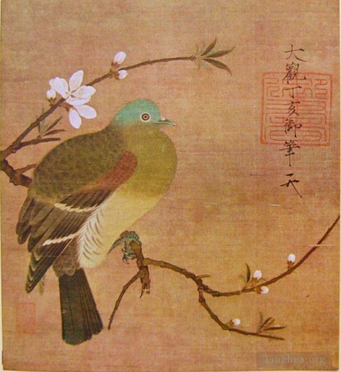 宋徽宗赵佶 的书法国画作品 -  《桃枝上的鸽子1108》