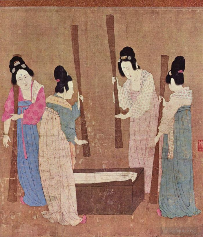宋徽宗赵佶 的书法国画作品 -  《张选1100后准备丝绸的妇女》