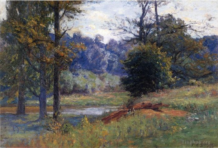 西奥多·克莱门特·斯蒂尔 的油画作品 -  《沿着小溪又名,Zionsville》
