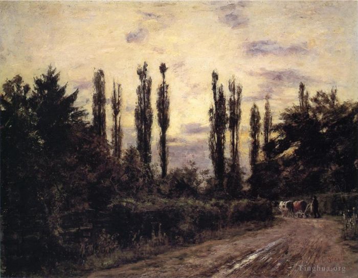 西奥多·克莱门特·斯蒂尔 的油画作品 -  《施莱斯海姆附近的晚间白杨树和道路》