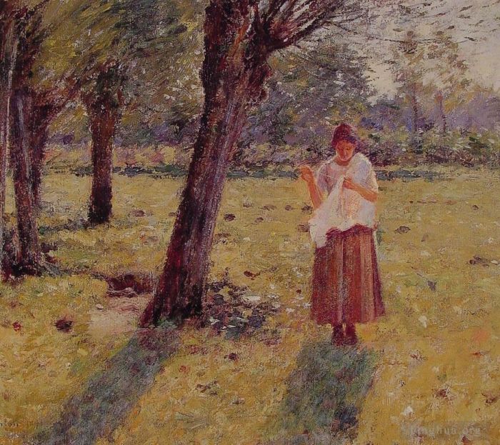 西奥多·罗宾逊 的油画作品 -  《女孩缝纫》