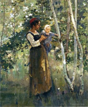 艺术家西奥多·罗宾逊作品《炉边的母亲和孩子》