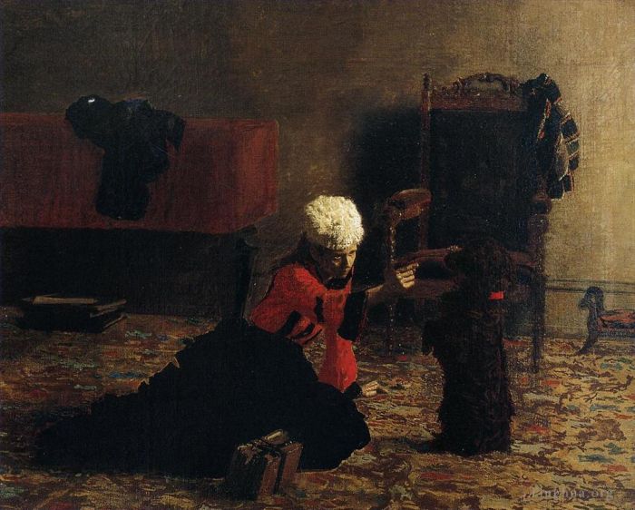 托马斯·伊肯斯 的油画作品 -  《伊丽莎白·克罗威尔和一只狗》