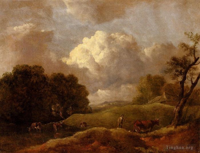 托马斯·庚斯博罗 的油画作品 -  《广阔的风景，有牛和牧牛人》