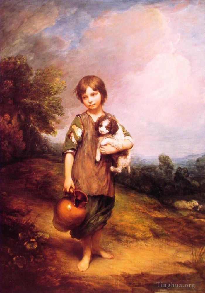 托马斯·庚斯博罗 的油画作品 -  《有狗和投手的乡村女孩》