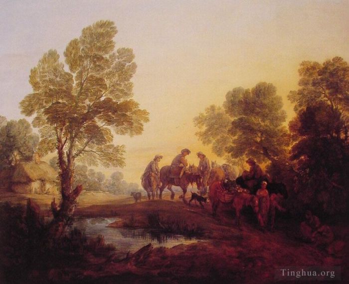 托马斯·庚斯博罗 的油画作品 -  《晚景农民与骑马人物》