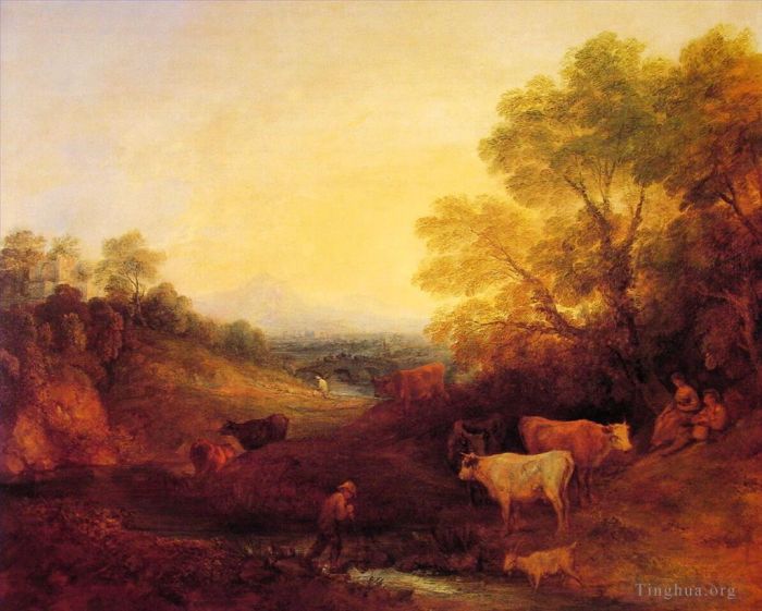 托马斯·庚斯博罗 的油画作品 -  《风景与牛》