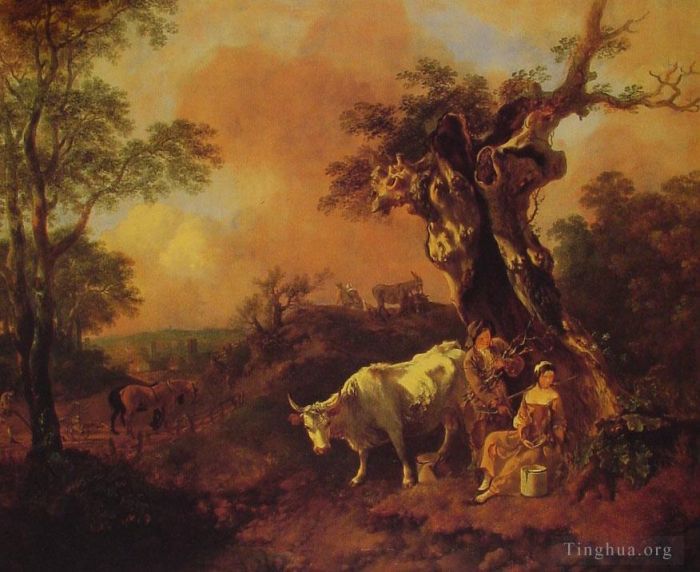 托马斯·庚斯博罗 的油画作品 -  《有樵夫和挤奶女工的风景》
