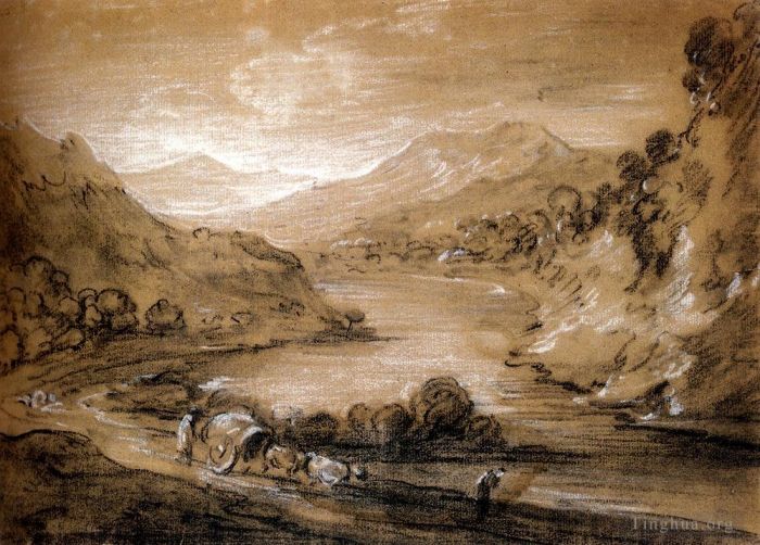 托马斯·庚斯博罗 的油画作品 -  《山地景观与车和人物》