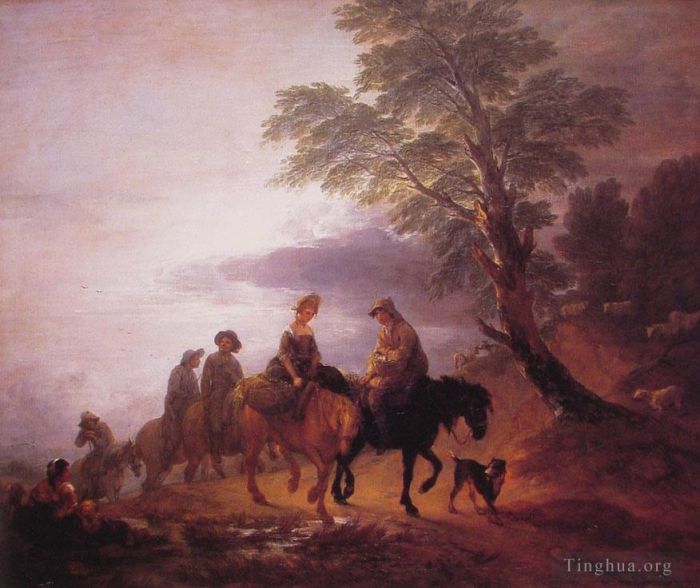 托马斯·庚斯博罗 的油画作品 -  《开阔的景观与骑马的农民》