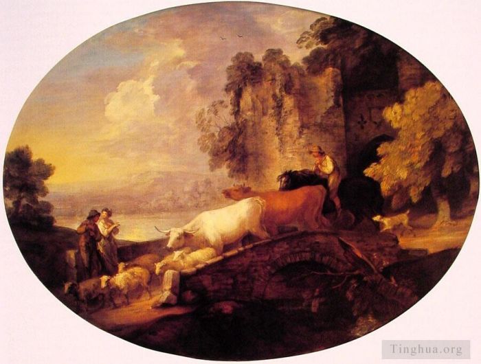 托马斯·庚斯博罗 的油画作品 -  《河流景观与乡村恋人》