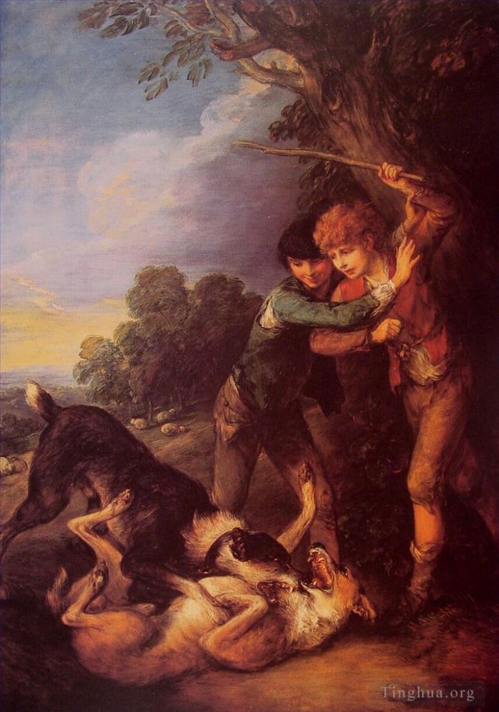 托马斯·庚斯博罗 的油画作品 -  《牧童与狗打架》
