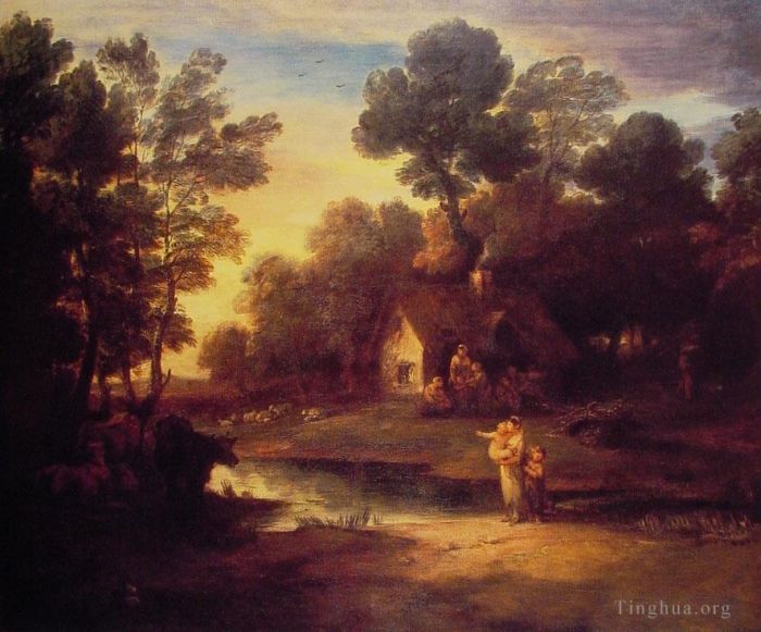 托马斯·庚斯博罗 的油画作品 -  《树木繁茂的景观，泳池边有牛和小屋》