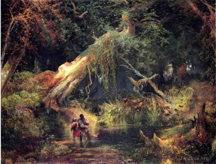 托马斯·莫兰 的油画作品 -  《弗吉尼亚州惨淡沼泽奴隶狩猎》