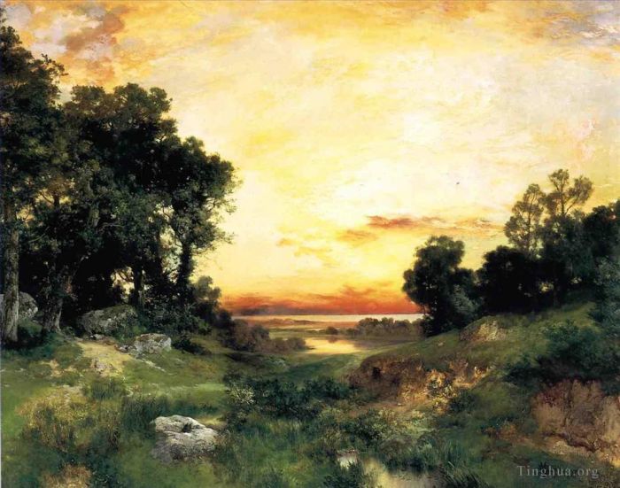 托马斯·莫兰 的油画作品 -  《日落长岛海峡》
