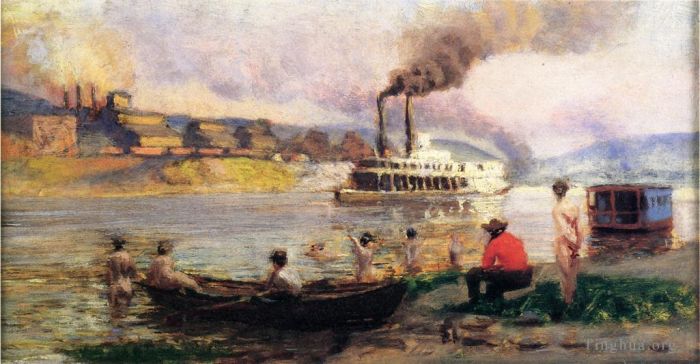 托马斯·波洛克·安舒茨 的油画作品 -  《俄亥俄河上的汽船》